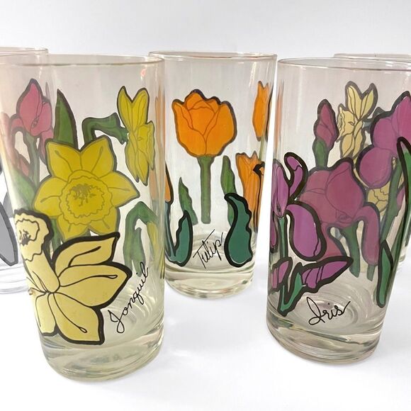 Vintage Jonquil Tulip Iris Drinking Glasses - Picture 2 of 6